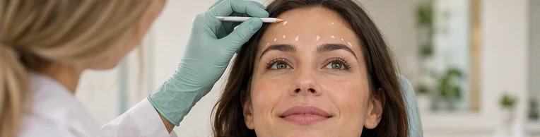 Facial aesthetic consultation with forehead treatment markings