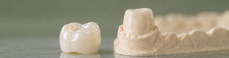 Ceramic dental crown beside a prepared tooth model