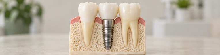Titanium dental implant and ceramic restoration on a demonstration model