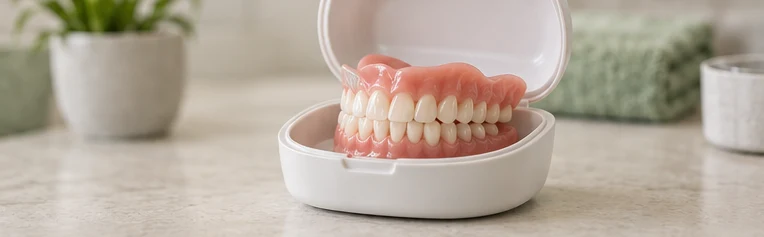 Removable denture in an open storage case