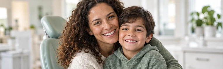 Parent and child smiling together in a welcoming dental office