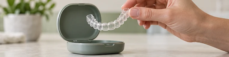 Clear orthodontic aligner held above its storage case