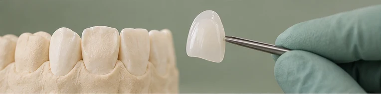Thin ceramic veneer displayed beside a dental model